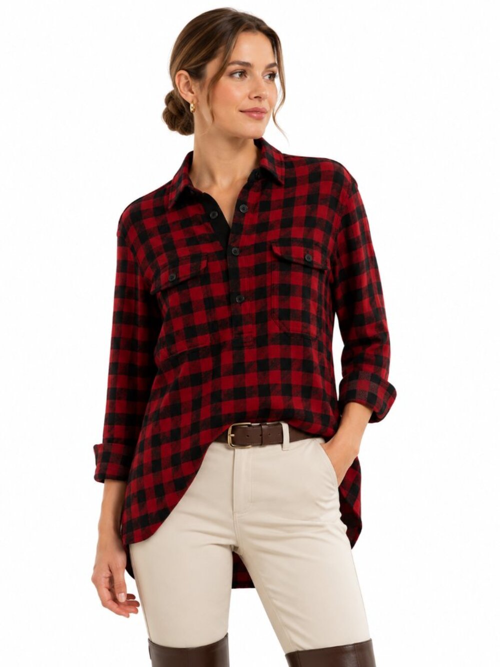 Ralph Lauren Blue Label Women's Plaid Popover Shirt Tunic Check Red Black Size S